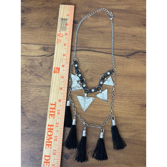 Boho Statement Necklace Silver Tone Triangles Black Tassels Adjustable Chain - Picture 7 of 9